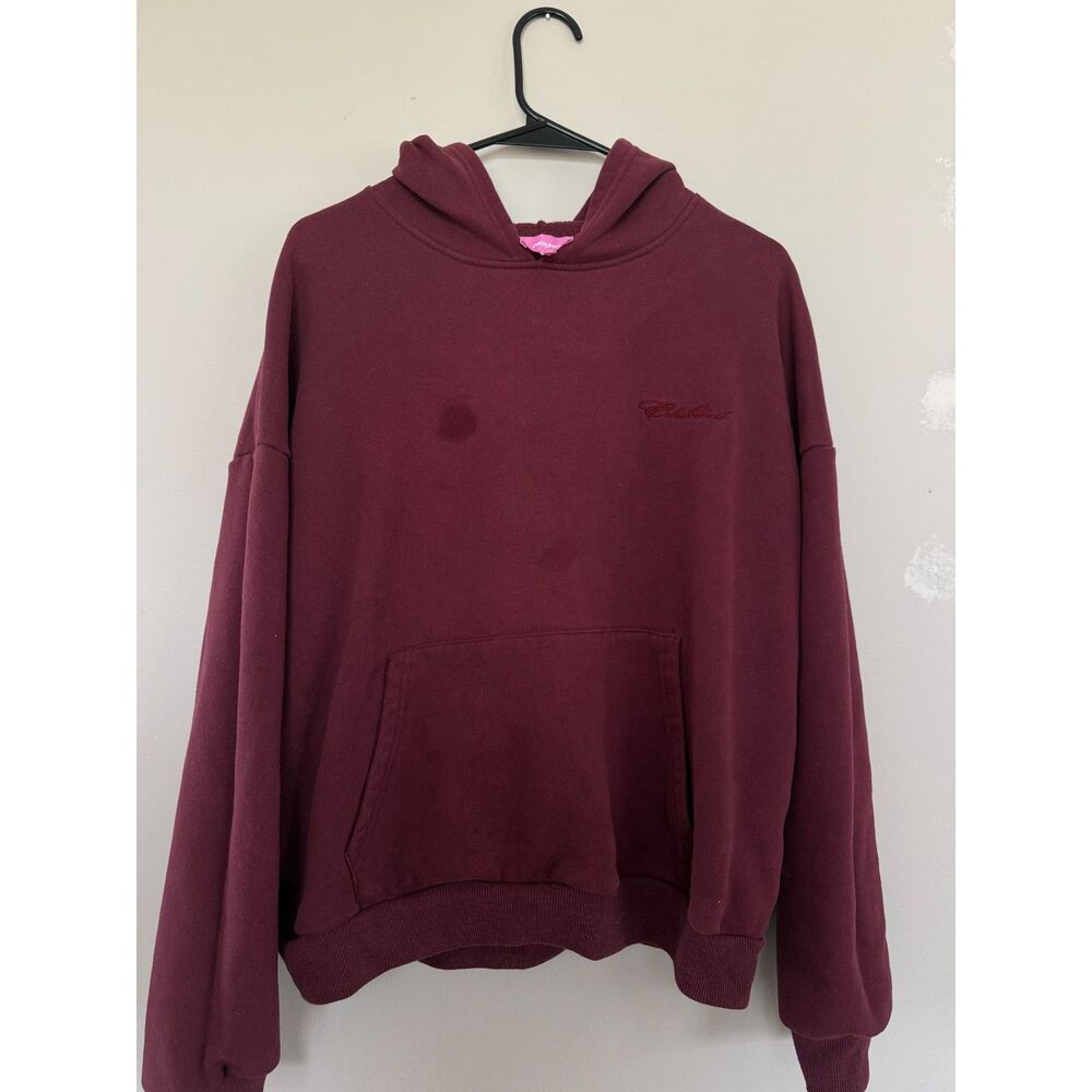 Edikted Burgundy / Maroon Oversized Script Embroidered Pullover Hoodie